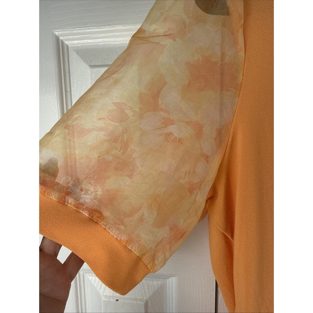 CeCe Women's Size Large Orange Floral Sheer Puff Sleeve Top Blouse - Picture 3 of 7